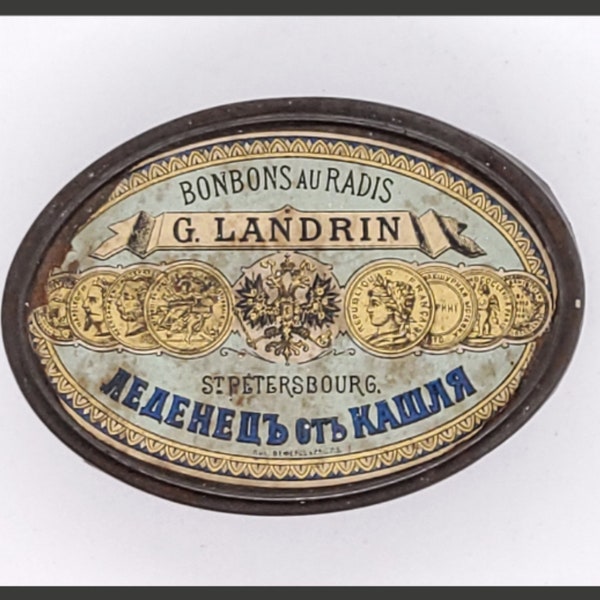 Ancienne petite boîte à bonbons ovale Saint-Pétersbourg G. Landrin