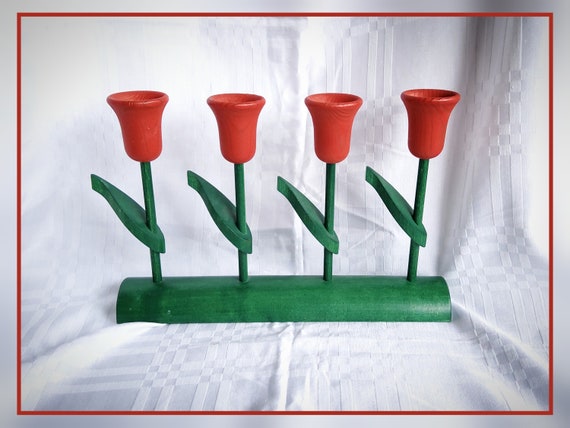 ヴィンテージ Aarikka フィンランド製 木製の赤い花の大きなキャンドル