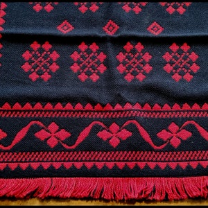 Vintage big retro Finnish handwoven red and black double sided wall hanging wool textile