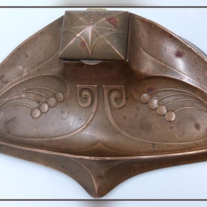 Antique Art Nouveau big copper inkwell stand