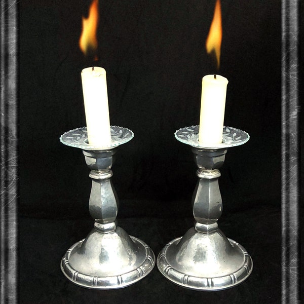 Vintage Danish pewter candle holders, a pair