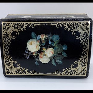 Vintage floral black and white roses hinged storage tin box