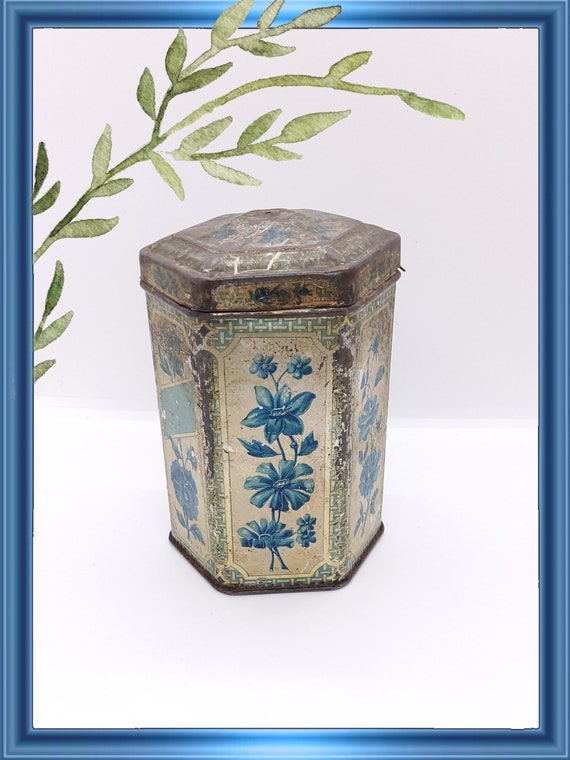 アンティークなフランスの花柄の青と金のシャビーティー缶 - Etsy 日本