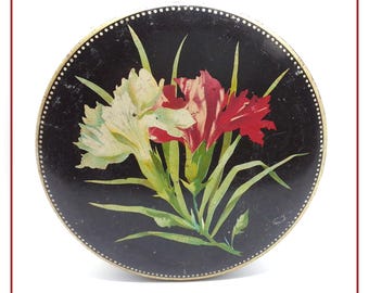 Scatola di caramelle o biscotti Art Déco rotonda rossa bianca nera Carnations