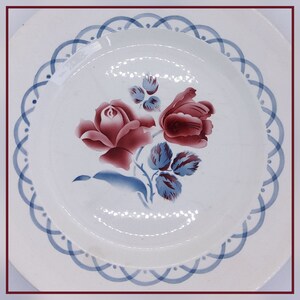 Vintage French Digoin Cannes red and blue roses big round serving plate
