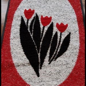 Vintage big retro Finnish handwoven red Tulips wall hanging textile