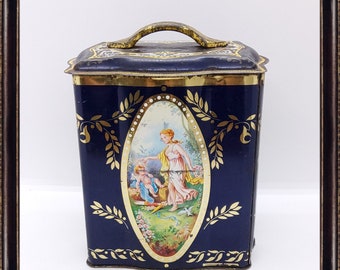 Vintage English romantic scenery black and gold tin canister