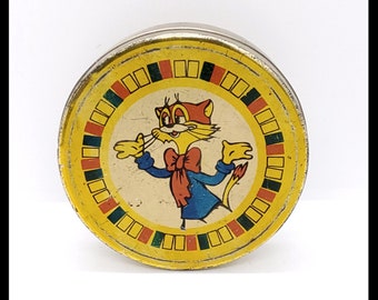 Vintage round yellow Cat Leopold candy tin