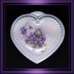 Vintage china pale blue  hand painted Violets heart shaped trinket box