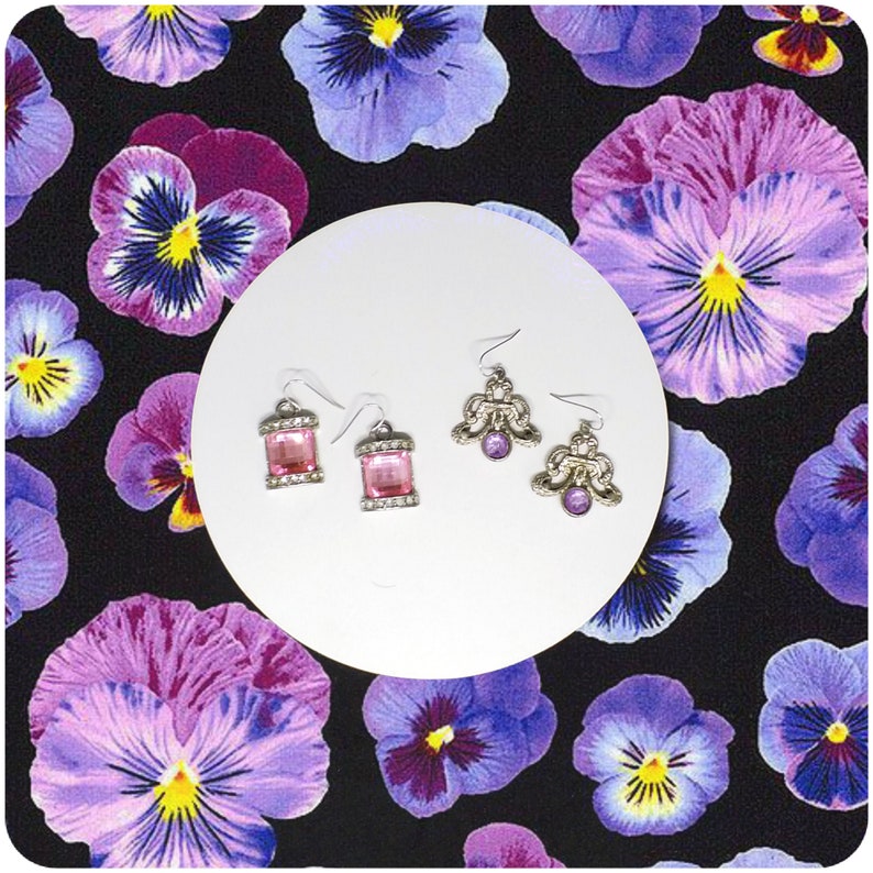 two pairs pink and lila dangle earrings Vintage silver