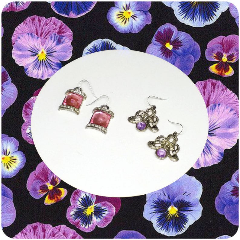 two pairs pink and lila dangle earrings Vintage silver