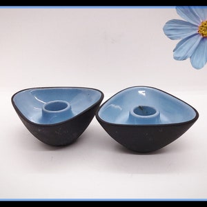 Vintage retro Ulla Procopé Arabia Finland mid-century light blue and black candle holders, a pair