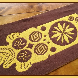 Vintage retro Finnish handwoven brown and yellow double sided wall hanging wool textile