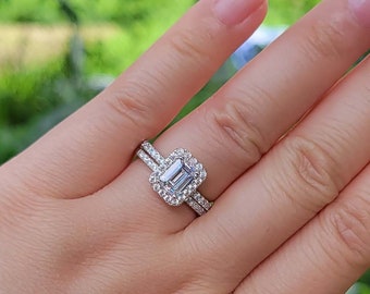 1ct Emerald Cut Engagement Ring Set, Half Eternity Wedding Anniversary Ring, CZ Diamond Stimulant, Sterling Silver