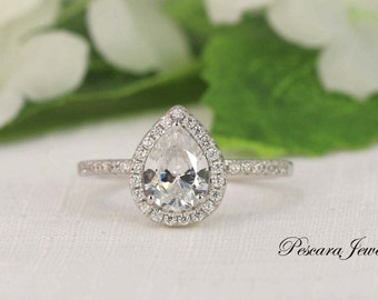 Pear Engagement Ring - Pear Cut Ring - Pear Halo Ring - Wedding Ring - Diamond Stimulants (CZ) - 1 Carat - Sterling Silver