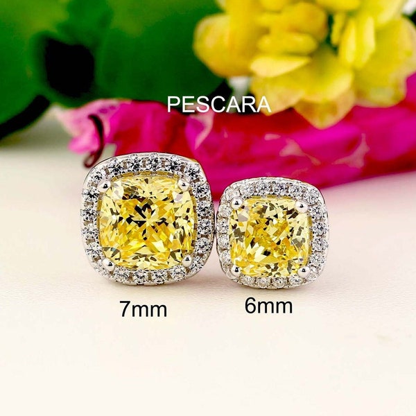 Canary Yellow Cushion Cut Halo Earrings, Yellow Diamond Simulants CZ earrings, Bridesmaid Earrings, Wedding Gifts, Sterling Silver