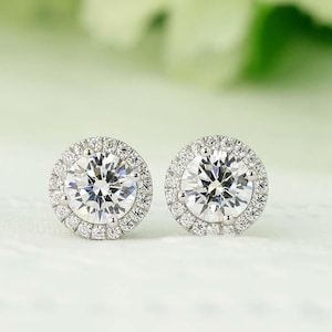 2 Carat Round Halo earrings, Sterling Silver, Halo Bridal studs, Bridesmaid earrings, Wedding, Silver CZ studs, cubic zirconia studs,