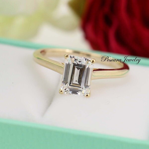 3Ct (9x7mm) Emerald Cut Solitaire Ring, Emerald Cut Engagement Ring, Emerald Cut Ring, Wedding Ring, 14K Yellow Gold Plated Silver Ring