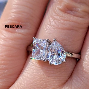 Double Stone Engagement Ring Toi et mor ring Radiant Cut and pear Cut Engagement ring Sterling silver