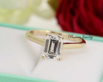 3Ct (9x7mm) Emerald Cut Solitaire Ring, Emerald Cut Engagement Ring, Emerald Cut Ring, Wedding Ring, 14K Yellow Gold Plated Silver Ring