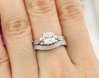 Princess Cut Art Deco Engagement Ring Set, Princess Cut Bridal set, Promise Ring, Anniversary ring, CZ diamond simulate princess cut Ring