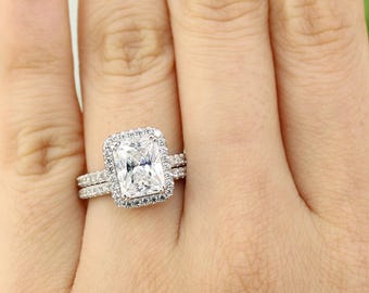 3CT Radiant Cut Engagement Ring, Halo Engagement Ring, Wedding Ring set, 3ct Promise Ring,  Diamond Simulant, Bridal Set, sterling silver