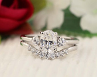 Oval engagement ring set Three Stones Ring, 1.25ct (8*6mm) Oval Cut with Round Stones on side,  CZ Simulated diamond ring, sterling silver