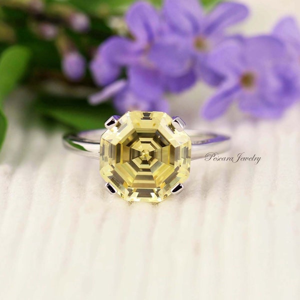 Canary Yellow Asscher Cut Engagement Ring, Rare 11mm (7ct) Asscher cut Solitiare ring, Diamond Simulant Sterling silver