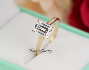 1,5 karaat Emerald Cut Solitaire Ring, Emerald Cut verlovingsring, Emerald Cut Ring, trouwring, 14K geel goud vergulde zilveren ring