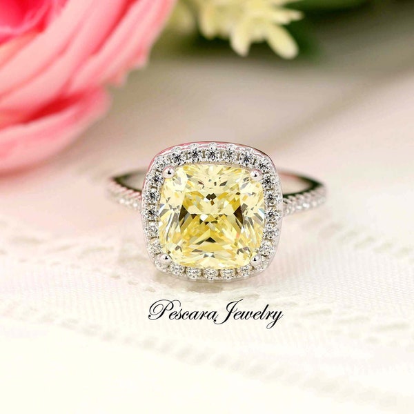 3 Carat Canary Yellow Cushion Halo Engagement Ring, Yellow Cushion Cut Ring, Wedding Ring, Promise Ring, Sterling Silver, Made to order