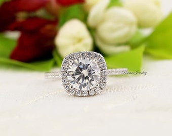 2.3 ctw Round Halo Engagement ring, Cushion Halo With 2 Carat Round Cut Center,  Sterling Silver