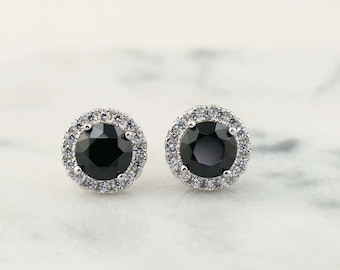 Black Earrings, Black Round Halo Earrings studs, Gift for her, 1ct (6.5mm) black spinel with CZ, Sterling Silver earrings