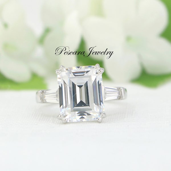 5 Carat Emerald Cut Ring, Emerald Cut Engagement Ring, Cubic Zirconia Promise Ring, 3 Stones Ring, Silver Engagement Ring, Wedding Ring
