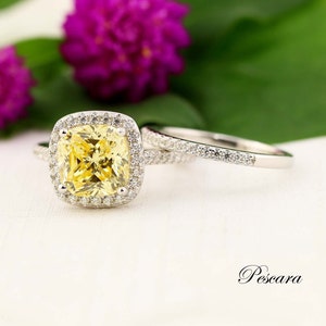 Canary Yellow Cushion Halo Engagement ring set, 3 carat (9mm) cushion CZ ring, Bridal ring, sterling silver