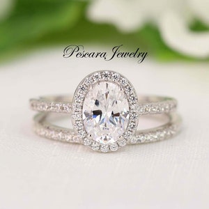 2.0 carat Halo Wedding Ring Set - Oval Cut Ring - Halo Engagement Ring - Sterling Silver (size 3.5~11)