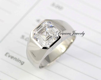 Herenring, Zilveren Ring Herenzegelring, Asscher Cut CZ Herenring, Mannelijke Ring, Pinkie Ring, Vierkante zegelring - Cadeau voor mannen