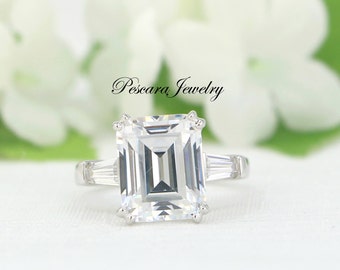 5 Carat Emerald Cut Ring, Emerald Cut Engagement Ring, Cubic Zirconia Promise Ring, 3 Stones Ring, Silver Engagement Ring, Wedding Ring