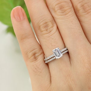 1.5ctw (7x5mm) Emerald Cut Engagement Ring, Wedding Ring Set, Cubic Zirconia Promise Ring, Silver CZ 1ct Emerald Cut Ring