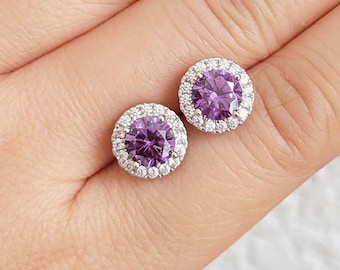 Alexandrite Round Halo earrings, Halo Bridal studs, Bridesmaid earrings, Wedding, Silver CZ studs, cubic zirconia studs, 1ct (6.5mm)