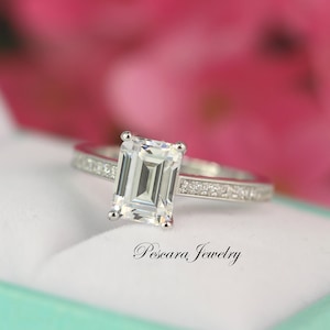 Emerald Cut Engagement Ring - Solitaire Ring - Prong set engagement Ring - Silver Engagement Ring