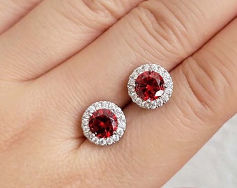 Halo Round Garnet Earrings, 1ct (6.5mm) Round cut Garnet Stud Earrings, January Birthstone gift, Sterling Silver