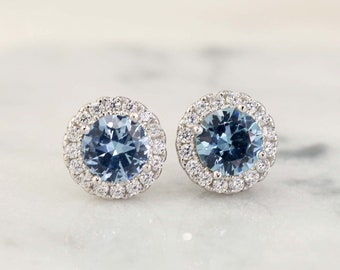 Aquamarine Earrings, Round halo earrings studs, March Birthstone, Spinel with CZ Simulated Diamond. Sterling Silver