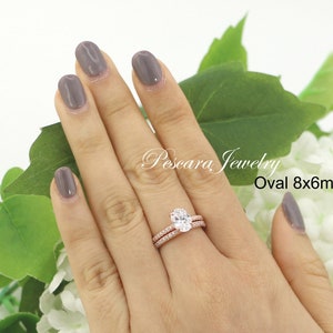 Rose Gold Oval Engagement Ring set, Sterling Silver Oval wedding Ring, (8x6mm) Oval Solitaire Ring, Stacking Ring, CZ Oval Ring