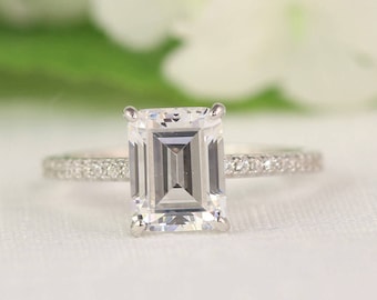 Emerald Cut Engagement Ring - Solitaire Ring - Prong set engagement Ring - Silver Engagement Ring (3 Carat Center)