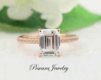 3.1ctw Rose Gold Emerald Cut Engagement Ring, Emerald Cut Solitaire Ring, Emerald Cut Wedding Ring, 3ct Promise Ring, Sterling Silver