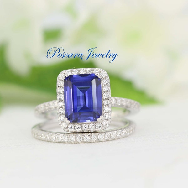 Blauer Saphir-Ring, September-Geburtsstein-Ring, Smaragd-Schliff, Saphir-Verlobungsring, Smaragd-Halo-Ring, Versprechensring, simulierter blauer Saphir