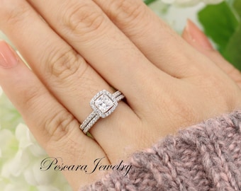 Princess Cut Engagement Ring set, Princess Halo Engagement Ring, dainty Princess Cut Ring, Sterling Silver, 1/2 ct center