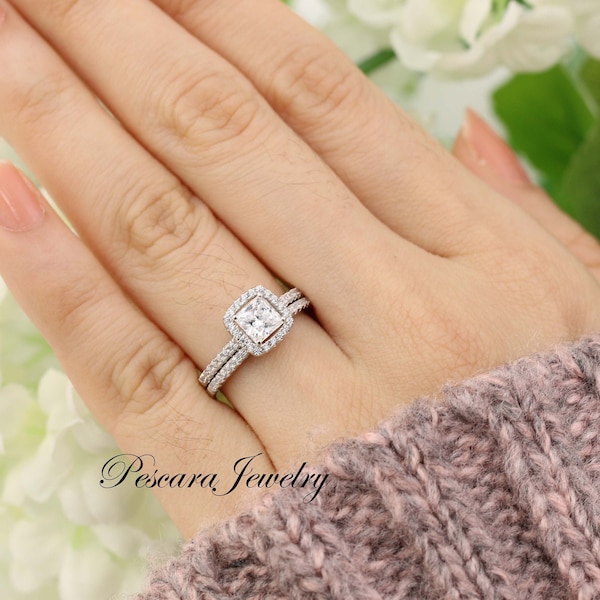 Princess Cut Engagement Ring set, Princess Halo Engagement Ring, dainty Princess Cut Ring, Sterling Silver, 1/2 ct center