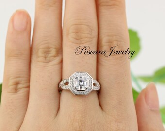 Anel de noivado Halo de 1,85ctw, anel de corte Asscher, anel de casamento, anel de promessa CZ de diamante simulado, prata esterlina