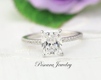 3 CT Radiant Cut Engagement Ring - Solitaire Ring - Prong set engagement Ring - Silver Engagement Ring (3 Carat Center)